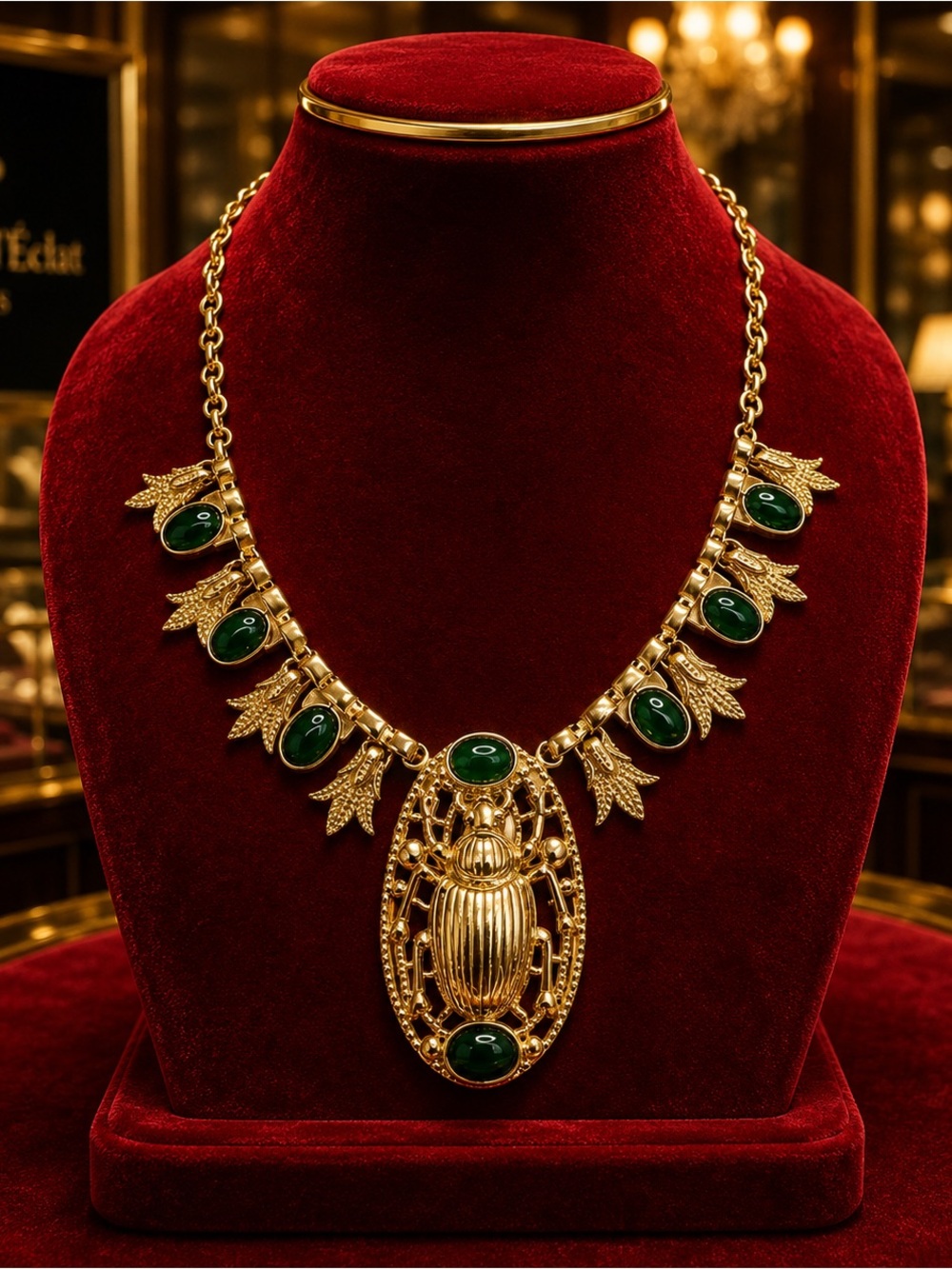 24k Gold over Bronze Egyptian Revival Large Scarab Lotus Necklace Genuine Onyx - Picture 3 of 8